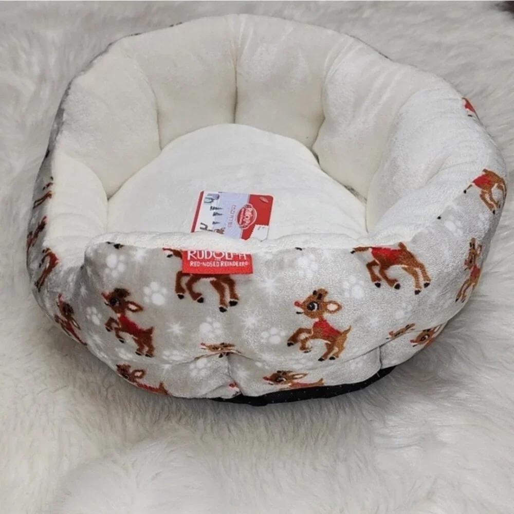 Offical Rudolph The Red Nosed Reindeer Pet Cat Dog Bed NWT Grey White Brown Red